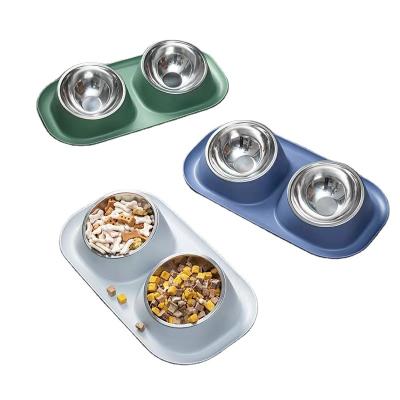 China Non-automatic Leak-proof Stainless Steel Pet Dog Cat Food Neck Guard Neck Products Double Bowl Pet Food Set Cat Food Set Double Bowl for sale