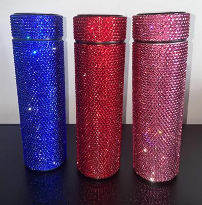 China Sustainable 304 Stainless Steel Spark Vacuum Insulated LED Display Digital Temperature Rhinestone Bottle Party Bling Diamond Water Bottle for sale