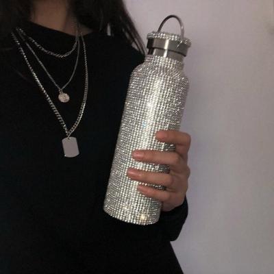 China Viable Insulated Glitter High End Tumbler Bottle Thermos Silver Diamond Water Bottle Bling Rhinestone Stainless Steel Vacuum Bottle for sale