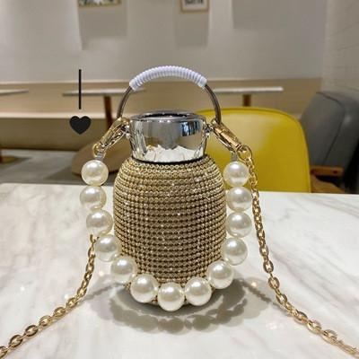 China High End Vacuum Insulated Rhinestone Sparkle Viable Diamond Water Bottle Celebrity Stainless Steel Diamond Party Bling Tumbler Pearl for sale