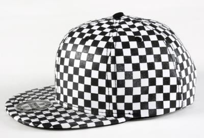 China Black and white plaed leather snapback hats COMMON flat leather brim snapback hats for sale