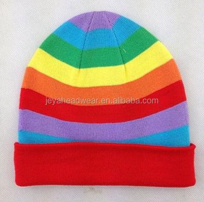 China JOINT Rainbow Striped Winter Hat Cuffed Knitted Beanie Hat for sale