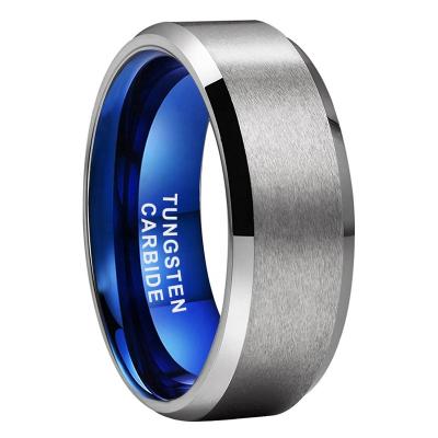 China Wholesale FASHIONABLE Tow Tone Tungsten Carbide Wedding Band Blue Silver Edges 8mm Matte Finish Fashion Ring Beveled for Women Men for sale