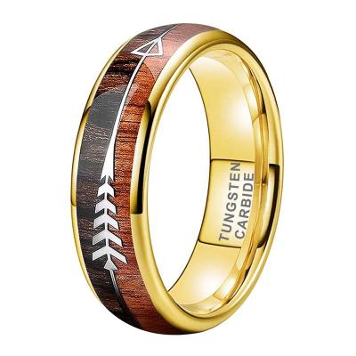 China Wholesale Dropshipping CLASSIC 6mm Gold Arrow Inlay Ring Engagement Fashion Jewelry Wood Tungsten Carbide Wedding Band For Women Men for sale