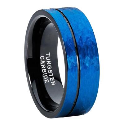 China Wholesale CLASSIC 8mm Fashion Jewelry Fluted Band Dropshipping Hammered Blue Color Men Ring Women Tungsten Wedding Ring Brushed Finish for sale