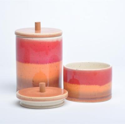 China Sustainable hot sale Europe and America modern style unique design ceramic kitchen storage canister jars with wooden lid for sale