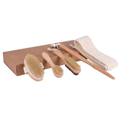 China Long Handle 4 Piece Set Body Massager Dry Skin Exfoliating Wooden Bath Spa Brush with Detachable Long Handle Bath Belt Pumice Stone for sale