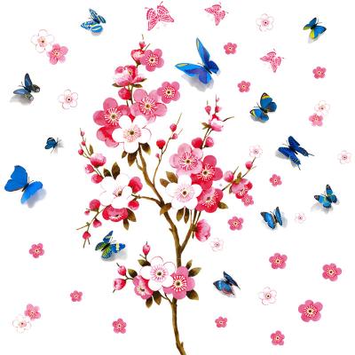 China Waterproof+Eco-friendly 3D Butterfly Wall Sticker Peach Plum Cherry Blossom Vinyl Flower Decal Art Wall Mural for Living Room Background Decoration for sale