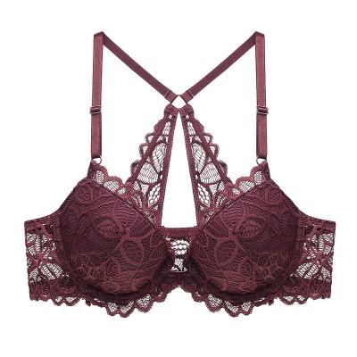 China Breathable French New Style Lace Red Sexy Lift Up Bra Women's Front And Wrinkle Y Line Back Beauty for sale