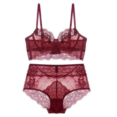 China NEW European and American hot models breathable Mesh Lace Sexy Bra embroidered underwear set women's sexy lingerie 2-piece set for sale