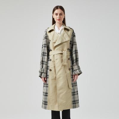 China Anti-wrinkle Ladies Draw Patchwork Back Plaid Women Long Ditch Light Ditch Coat With Belt for sale