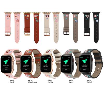 China Dress Luxury Popular Fashion Printed Flowers Leather Watch Band 38mm 40mm Buckle Genuine Leather Watchband For Apple Watch Series 7 6 5 4 342/44/45mm for sale