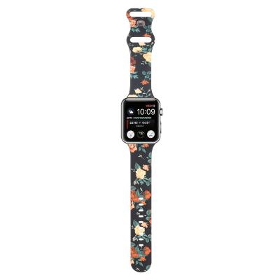 China Silicone Printed Flowers Color Fashion Elastic Watch Strap 38mm 42mm Silicone Watch Band For Apple Watch Series 7 6 5 4 3 2 1 41mm 45mm for sale