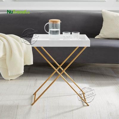 China Foldable Bedside Tray Table with White and Gold Removable Top Folding Tray Table with Metal Leg for Small Spaces for sale