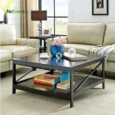 China Modern MDF Black Wood Coffee Table Furniture X Shaped Square Coffee Table With Shelf for sale