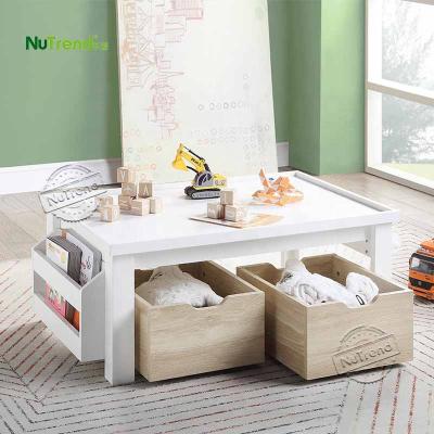 China Contemporary Wholesale Kids Furniture Set Wooden Kids Play Table With 2 Toy Storage Boxes for sale