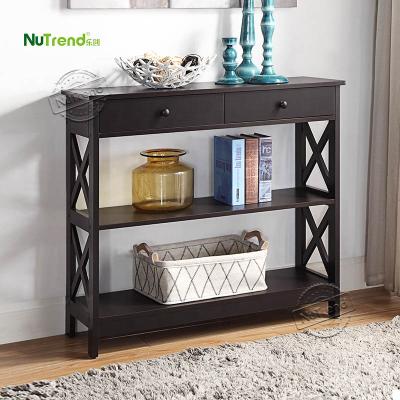 China X Shaped Wooden Frame Durable Hotel Console Table With 2 Drawers 3 Tier Corridor Table KD Living Room Furniture for sale