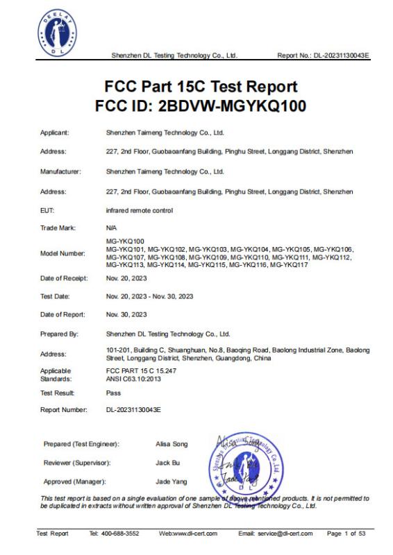 FCC - Shenzhen Taimeng Technology Co., Ltd