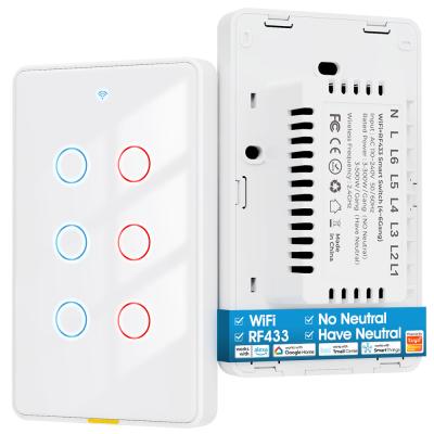 Chine Tuya WiFi Switch Timing 6 Gang Voice App Alexa Google Home Pas de fil neutre WiFi RF433 US Commutateur léger Maison intelligente à vendre