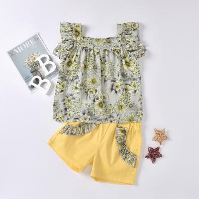 China Flower Printed Shrinkled Top + Ruffled Pocket Embroidered Bottoms Girl Summer Set for sale