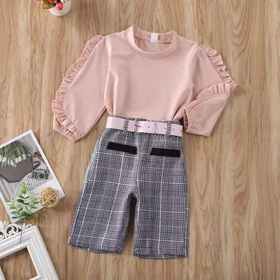 China Srping And Autumn New Children's Outfit Sets Pink Long-Sleeved Wooden Ear T-Shirt Shirt Plaid Three-Piece Belt​ for sale