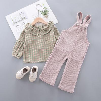 China Girls Outfit Sets Bubble Sleeve Shirt Shoulder Band Lapel Pink Denim Overalls for sale