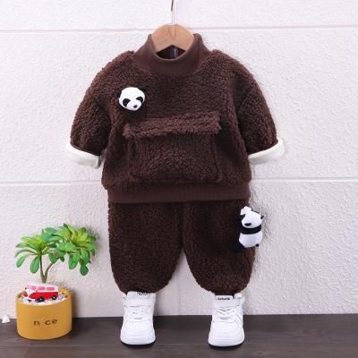 China das crianças unisex do inverno de 120cm panda de lãs do cordeiro da roupa grupo de 2 calças da camiseta da parte à venda