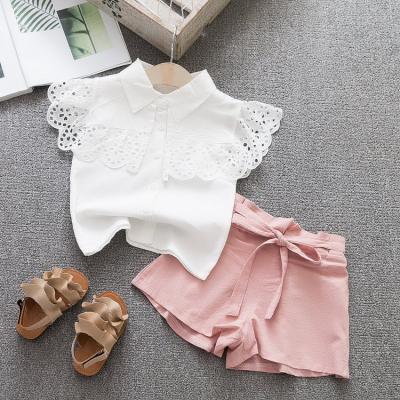 China White Pink 21.5in Short Sleeve Short Set White Ruffle Shirt for sale