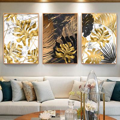 China Nordic Gold Wall Art Marbling Backdrop Art Leaf Plant Canvas Painting Posters International Organization for Standardization and Copies for sale