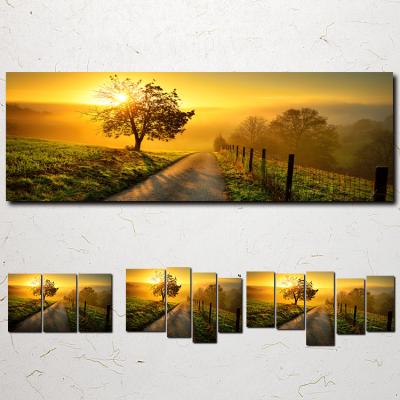 China Beautiful Waterproof Sunset Nature Landscape Posters Tree 5 Panel Canvas Painting On Wall For Living Room Decor for sale