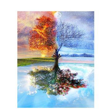 China Eco-friendly DIY Oil Painting Tree Scenery Pictures By Numbers Four Seasons Landscape Kits Drawing Canvas Hand Painted Home Decoration for sale