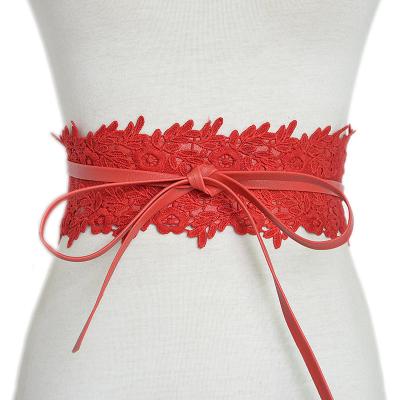 China Lace up best selling super wide belt fashion pu belt lady bow belt wild red wide leaf decorative lace bg-636 for sale