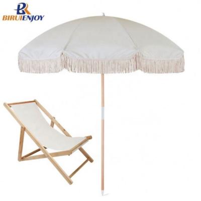 China Premium Commercial Waterproof Professional Manufacturer, 7.5Ft White Cotton UV Protection Canopy Fiberglass With Tassels Beach Umbrellas for sale