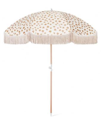 China Custom Waterproof Luxury White Bohemian Vintage Sun Printing Wooden Beach Umbrella With Tassels Recycled Boho Beach Umbrella for sale