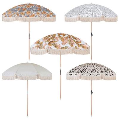 China Waterproof Real Pole Wood Wholesale 200Cm Parasol Premium Beach Umbrella For Outdoor, Patio, Seaside, With Cotton Tassels, Tilt Mechanism for sale