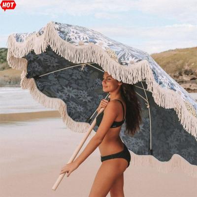 China Best Waterproof Custom Top Rated Fancy Beach Umbrellas with Cotton Tassels Canvas RPET Canopy Tilt Wooden Aluminum Pole Sydney Melbourne for sale