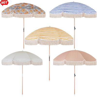 China Custom 8 Feet Waterproof Luxury Vintage Boho Poles Wooden White Fringe Canvas Sun Parasols Outdoor Beach Umbrellas Portable With Tassels for sale