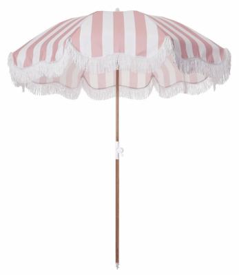 China New Zealand Summer 2.2M White Striped Custom Parasol Outdoor Sun Umbrella Waterproof Tassels Patio Umbrellas For Beach for sale