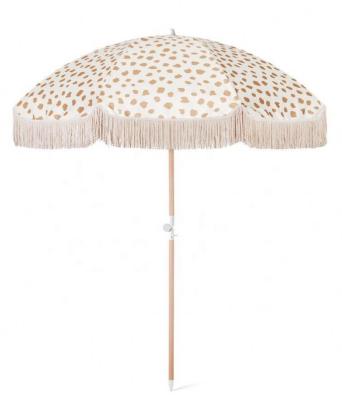 China Sun Waterproof Luxury Bohemian Vintage Wooden Beach Umbrella With Tassels Recycled Boho Beach Umbrella With Sand Anchor for sale