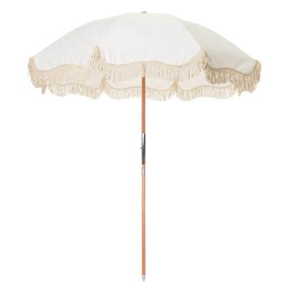 China Factory Custom Outdoor 8Ft Wood Beach Parasol Waterproof Antique White Fringed Umbrellas Best 7Ft Poles Direct From Printing With Tilt for sale