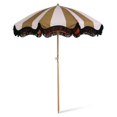 China Custom Wholesale Luxury Waterproof 2 Meter Vintage Garden Patio Umbrella Parasol With Wooden Poles Cotton Fringe Tassels For Australia Europe for sale