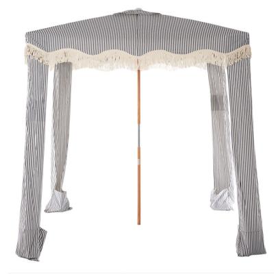 China Waterproof Premium Sand Pole Canvas Wooden Anchor Canopy Australia USA Cool Beach Umbrella Hut With Cotton Fringes for sale