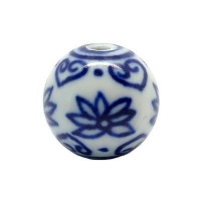 China Bracelets 12mm Customize Designs Hand Painted Round Blue and White Lotus Design Porcelain Beads for Jewelry Making for sale