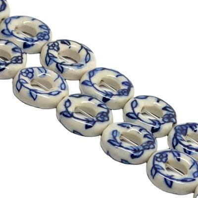 China Earrings wholesale 18mm customize hand painted designs donut blue and white flower leaf china design beads for jewelry making for sale