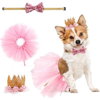 China Pet Birthday Props Pink Pet Products Birthday Crown Hat Bow Collar Princess Dress Suit Birthday Party Decoration for sale