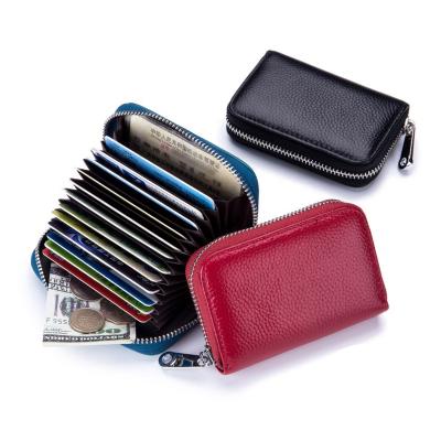 China Amazon Hot Sale Large Capacity Zipper Genuine Leather Short Wallets RFID Blocking Card Holder Wallets 12 Organ Slots ID Credit Card Holder Case for sale