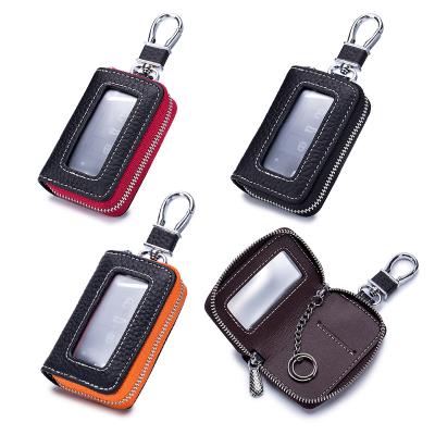 China 2022 New Design Fashion Car Key Holder Men Genuine Leather Zippered Key Pouch Case With PVC Window Leather Key Bag Men for sale