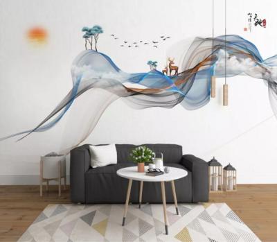 China Modern simple ink line modern landscape background wall paintingwall Guangzhou factory 3d decor abstract ink mural for sale