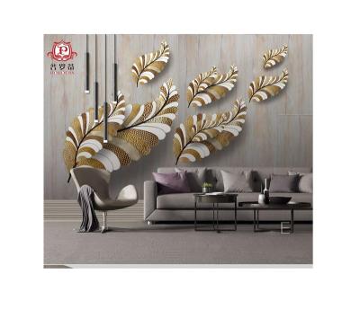 China Modern 100% Polyester Textile Custom Printed Durable Gold Leaves Wall Fabric Mural for sale