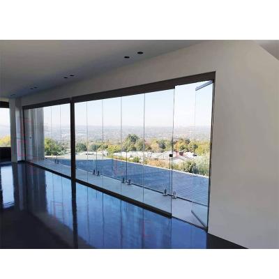 China Cheap Price Wind Resistance Frameless Tempered Glass Folding Sliding Folding Door With Bottom Included for sale